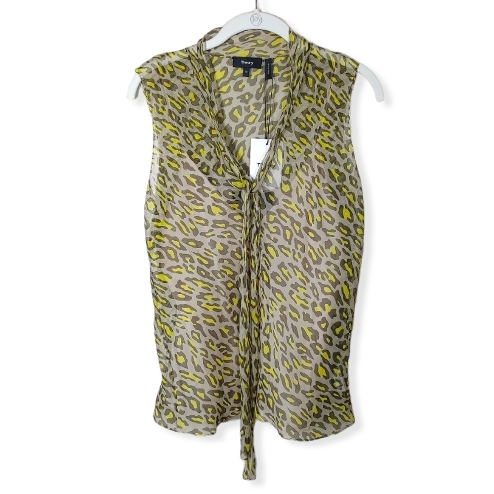Theory Leopard Print Tie Neck Silk Sleeveless Blouse Size Medium